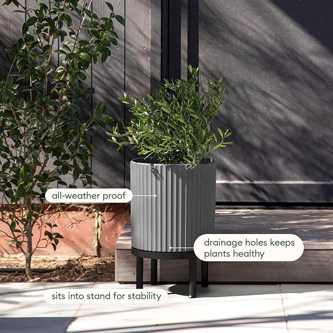 Veradek Demi Series Round Planter w/Stand for Porch/Patio | Durable Plastic-Stone Composite & Wooden Stand | Modern Décor for Tall Plants, Flowers