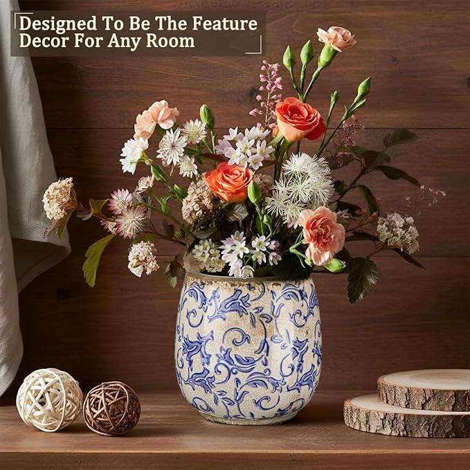 SiliFine Vintage Ceramic Flower Pot with Ice Crackle Rustic Planter with Drainage Holes for Indoor and Outdoor Decor Home Living Room Garden Decor Gardening Gift(Vintage Style)