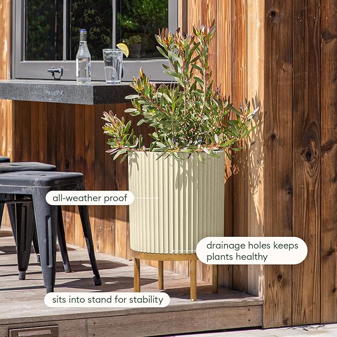 Veradek Demi Series Round Planter w/ Stand for Porch/Patio | Durable Plastic-Concrete & Wooden Stand | Modern Décor for Tall Plants, Flowers