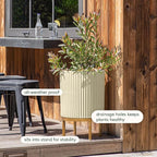 Veradek Demi Series Round Planter w/Stand for Porch/Patio | Durable Plastic-Stone Composite & Wooden Stand | Modern Décor for Tall Plants, Flowers
