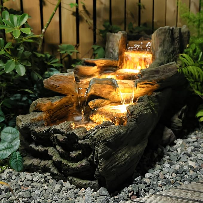 Sunlinua 34.5" L Garden Outdoor Water Fountain, Floor Standing Wood Imitation Resin Natural Waterfall Fountains with LED Lights for Patio, Porch, Home Art Decor