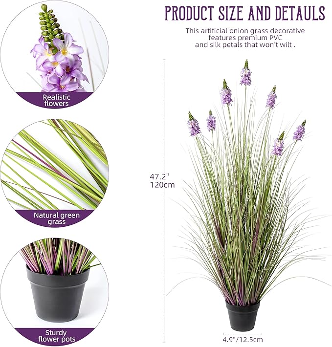Artificial Plants Indoor Tall Grass Plants with Lilac Flower 47.2InTall Artificial Ornamental Grass Green Onions Outdoor Fake Plants with Black Pot Home Office Decorative (1 Pack,Purple)