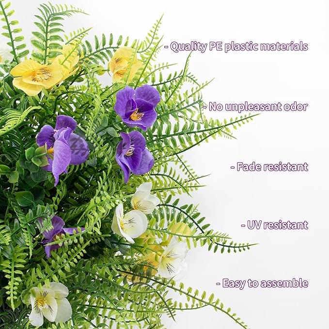 2 Pack Artificial Boxwood Topiary Ball Trees with Colorful Flowers for Outdoor - 23" UV Resistant Artificial Outdoor Shrubs Fake Bushes with Ground Spike for Front Porch Patio Garden Yard - Pansy&Fern