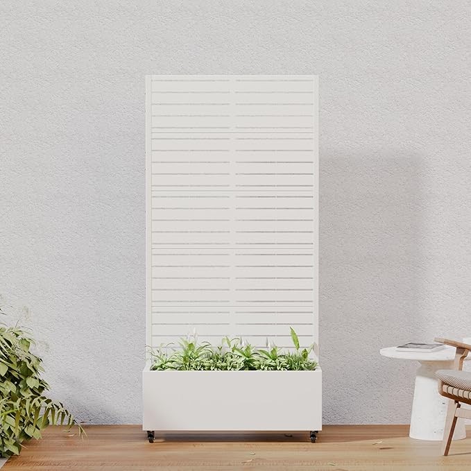 Casaphoria Metal Raised Garden Bed with Trellis and Wheels, 72"x35"x16" Planter Box for Climbing Plants, Vegetables & Vines, Features Drainage Holes and Privacy Screen (White-Louvered)