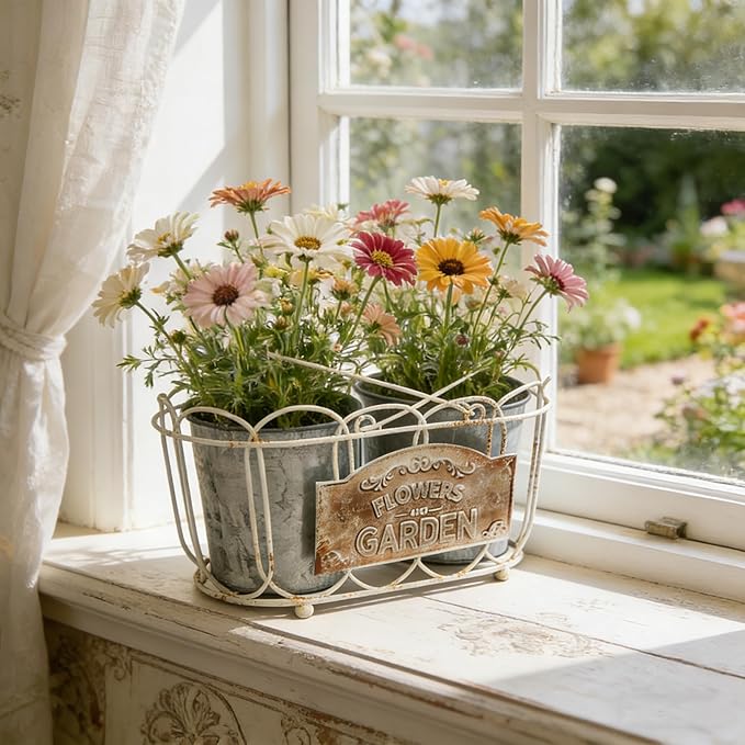Vintage 2-Piece Metal Planter Set, Distressed White Iron Wire Basket with Flowers Garden Sign, Rustic Farmhouse Plant Pots for Tabletop, Window Sill & Balcony Decor