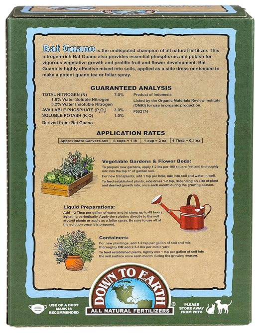 Down To Earth All Natural Fertilizers Organic Bat Guano - High Nitrogen Plant Food for Vegetative Growth 7-3-1, 2 lb