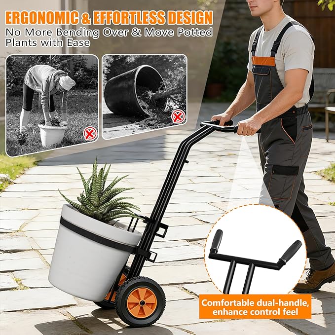 KJX Adjustable Plant Caddy with Wheels, Heavy Duty Plant Dolly Cart with Grab Arm and Strap Dual Protection, Garden Potted Plant Mover Dolly for Planter Flower Pots Indoor Outdoor