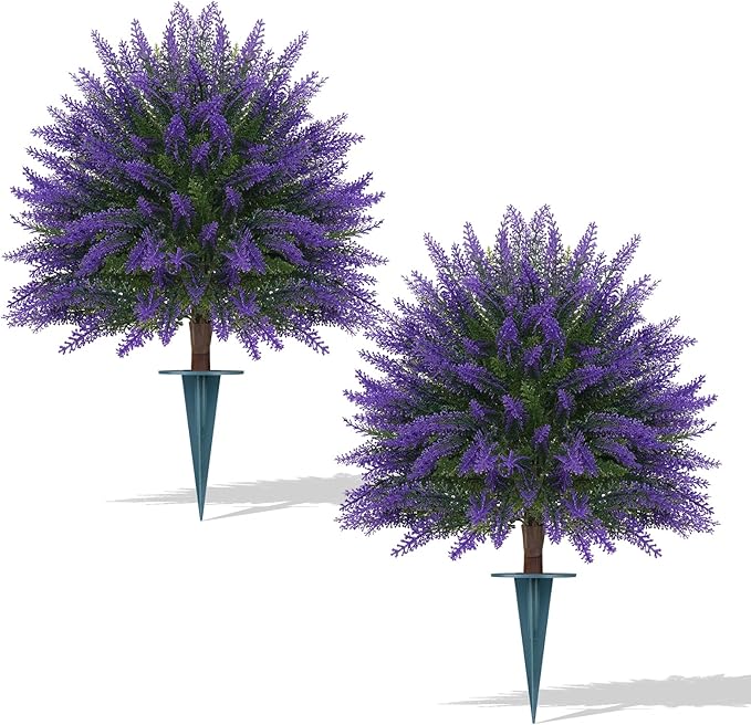 Artificial Topiary Ball Trees,16'' UV Resistant Fake Evergreen Shrubs Bushes Plants with Ground Spike 2 Set of Fake Plants for Outdoor Indoor Front Porch Garden