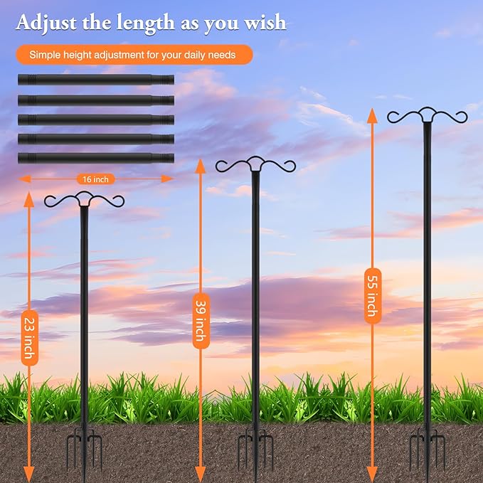 SINLEY Double Shepherds Hook for Outdoor with 5 Prong Base Heavy Duty Two Sided Bird Feeder Pole for Hanging Lantern,Hummingbird Feeder,Lightweight Plant,Shepherds Hook (2 Pack 55inch)
