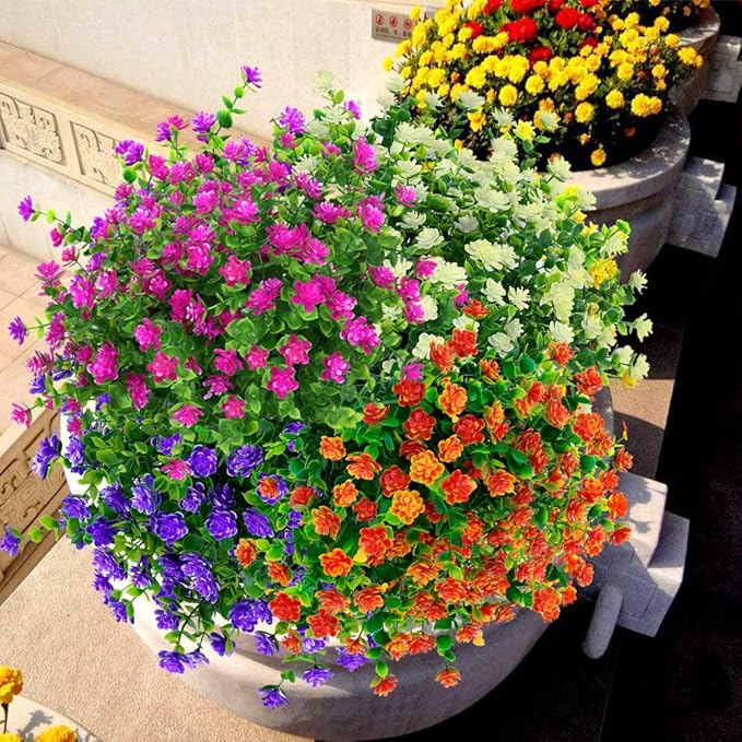 12 Bundles Outdoor Artificial Flowers UV Resistant Fake Boxwood Plants, Faux Greenery for Indoor Outside Hanging Plants Garden Porch Window Box Home Wedding Farmhouse Décor (Orange Red)