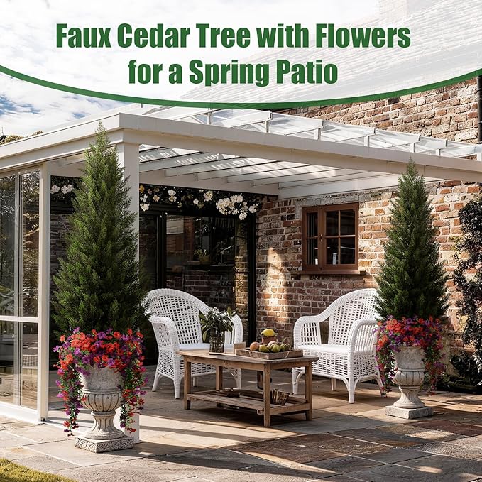 Artificial Topiary Cedar Trees 5FT Tall 2 Set with 12 Bundles Faux Silk Flowers, Outdoor Indoor Faux Pine Shrubs Plants, Fake Bushes Plants for Home Front Porch Door Patio