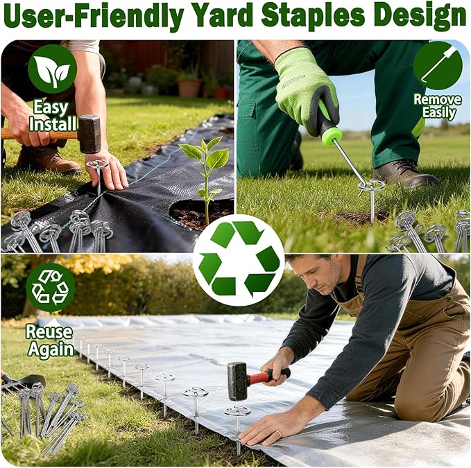60 PCS Landscape Fabric Staples Pins,Heavy Duty Circle Top Landscape Fabric Stakes, 6 inch Galvanized Weed Barrier Stakes Pins with Removal Tool,Reusable Garden Staples for Weed Barrier Fabric