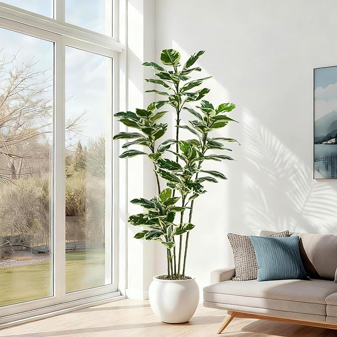 Artificial Rubber Plant 6FT Faux Plants Indoor Fake Rubber Tree with White Planter, Tall Fake Plants Potted Tree Floor Plant in Pot, Artificial Trees for Home Office Room Outdoor Decor