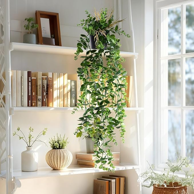 2 Pcs Faux Eucalyptus Vine Ivy Vine Artificial Hanging Plant Faux Plant Fake Potted Greenery for Wall Living Room Home Shelf Office Bathroom Outdoor Indoor Decor (Type 2)