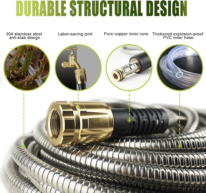 50FT Metal Garden Hose - Stainless Steel, Heavy Duty, Flexible & Lightweight, Never Kink and Tangle, with 10-Function Nozzle, Pressure Resistant for Outdoor Use (Yellow)