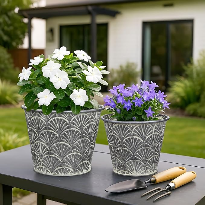 Silver Metal Rustic Flower Pots - 3 PCS Galvanized Planters Rustproof Durable Metal Buckets Plant Pots Vintage-Inspired Charm Rustic for Farmhouse Garden Herb Indoor Outdoor Decor(Dia.5.5"/6.5"/7.1")