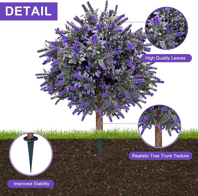 Set of 2 Artificial Lavender Boxwood Topiary Ball Bush for Outdoor with Ground Spike 24.5", UV Resistant Faux Greenery Shrubs, Fake Boxwood Plants for Indoor, Garden, Yard, Porch, Patio Decor