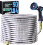 50FT Garden Hose, 304 Stainless Steel Water Hose, Flexible with a 10-Mode Nozzle Sprayer, No Kink, Lightweight, Puncture Proof, Ideal for Yard, Lawn, Outdoor, 5/8" Outside Diameter