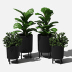 Veradek Demi Series Round Planter w/Stand for Porch/Patio | Durable Plastic-Stone Composite & Wooden Stand | Modern Décor for Tall Plants, Flowers