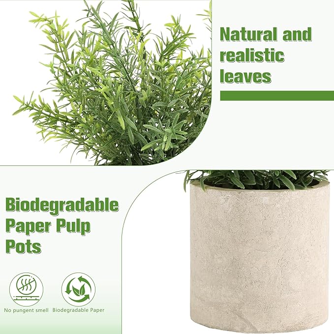 ALAGIRLS 2 Pack Small Fake Plants, 10" Artificial Rosemary Plants Indoor, Small Faux Plants in Pulp Pot for Bathroom Bedroom Kitchen Office Living Room Decor