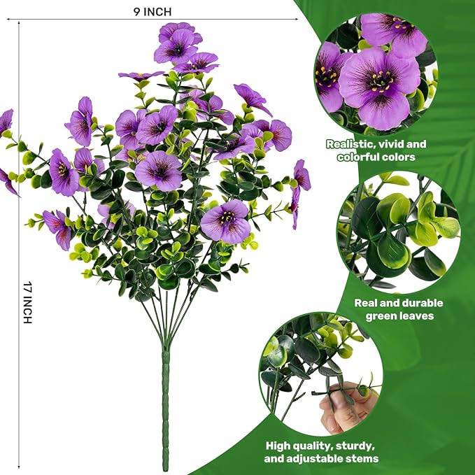 17 Inch Artificial Faux Pansy Flowers for Outdoor,Fake Pansies Flowers with Eucalyptus Leaves Fake Plants Greenery Boxwood Porch Patio Decor 6 Bundles(Light Purple,Dark Yellow,White)