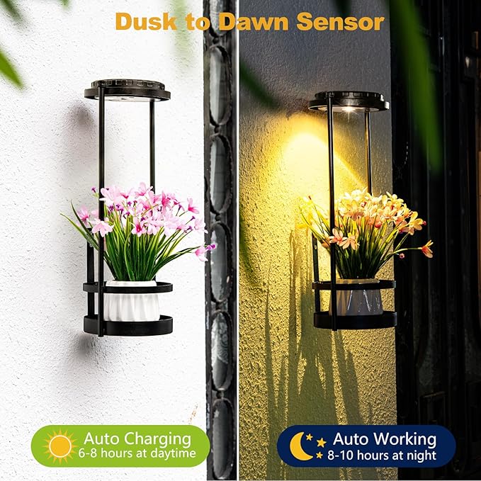 Solar Floor Lamps with Plant Stand, 3 Color Temperatures Solar Lights Outdoor Patio Decor, Solar Wall Sconce Shelf Planter Outdoor Waterproof, Solar Outdoor Lights for Yard Porch Patio Decor (Black)