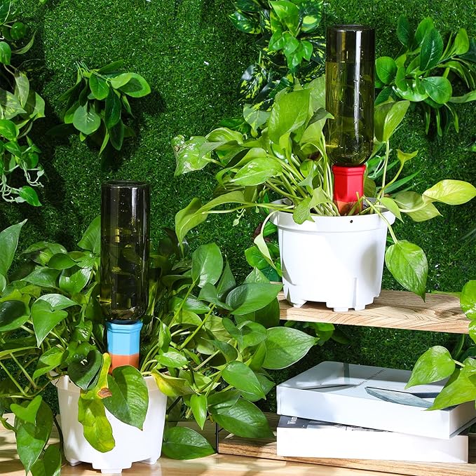 SiliFine 12 Set Plant Watering Devices Include Terracotta Self Watering Spikes and 26 oz Plastic Bottles, Slow Release Vacation Insert Automatic Plant Waterer Device (Green and Mixed Color)