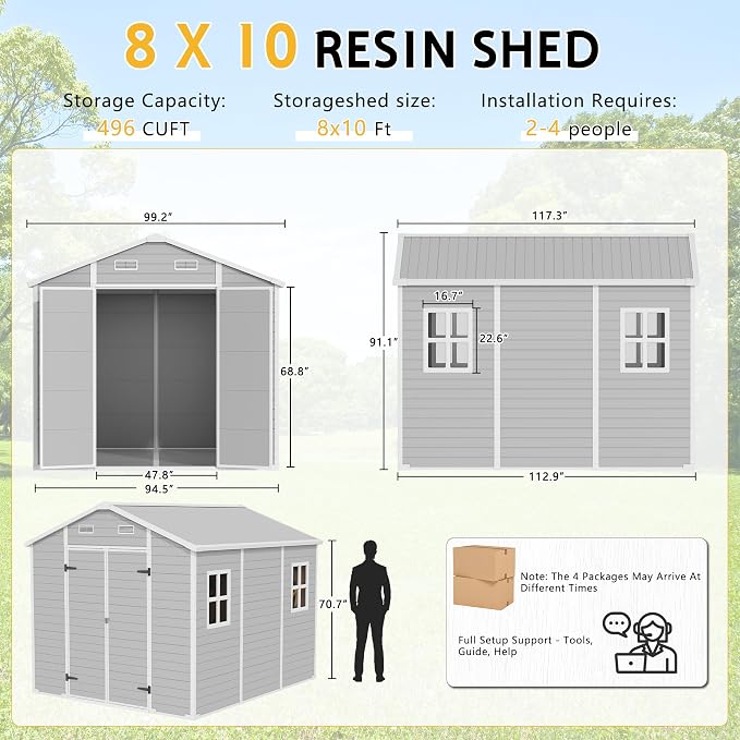 PIPLEO 8x10 FT Resin Outdoor Storage Shed with Floor, Plastic Garden Storage Shed with Lockable Door & Vent, All Weather Versatile Tool Shed for Backyard, Patio, Lawn, Cloud Gray