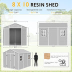 PIPLEO 8x10 FT Resin Outdoor Storage Shed with Floor, Plastic Garden Storage Shed with Lockable Door & Vent, All Weather Versatile Tool Shed for Backyard, Patio, Lawn, Cloud Gray