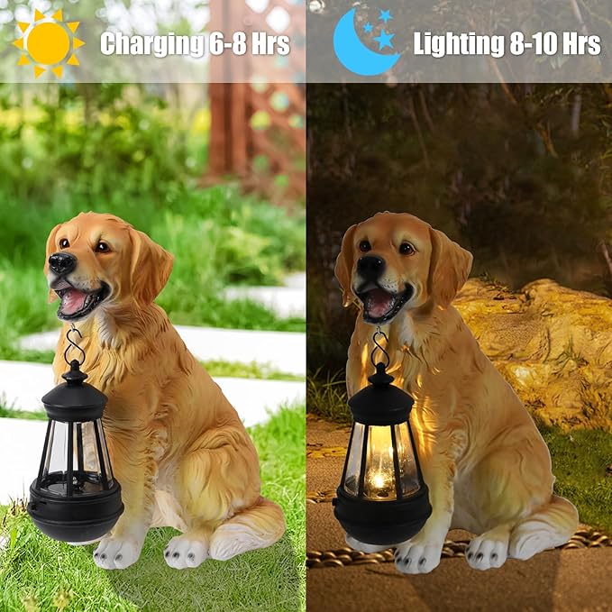 Garden Dog Statues Outdoor Decor, Solar Lights Outdoor Golden Retriever Figurine Solar Dog Ornaments for Patio, Lawn, Yard Art Decoration, Housewarming Garden Gifts for Mom
