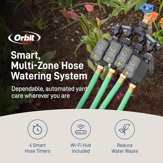 Orbit 21207 B-hyve Gen 2 Smart Hose Watering Timer, 4-Pack with Wi-Fi Hub and Hose Y Splitter