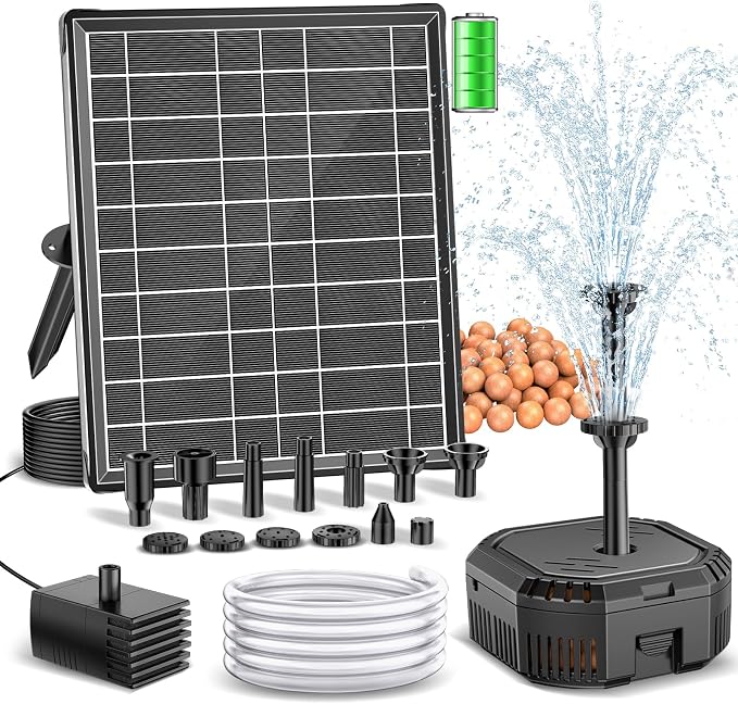Antfraer 7W Solar Fountain Pump with 3600mAh Battery Backup & Pond Filter, Solar Water Fountain Pump with 8 Nozzles & PVC Tubing, Solar Fountain for Bird Bath, Small Ponds, Waterfall, Hydroponics