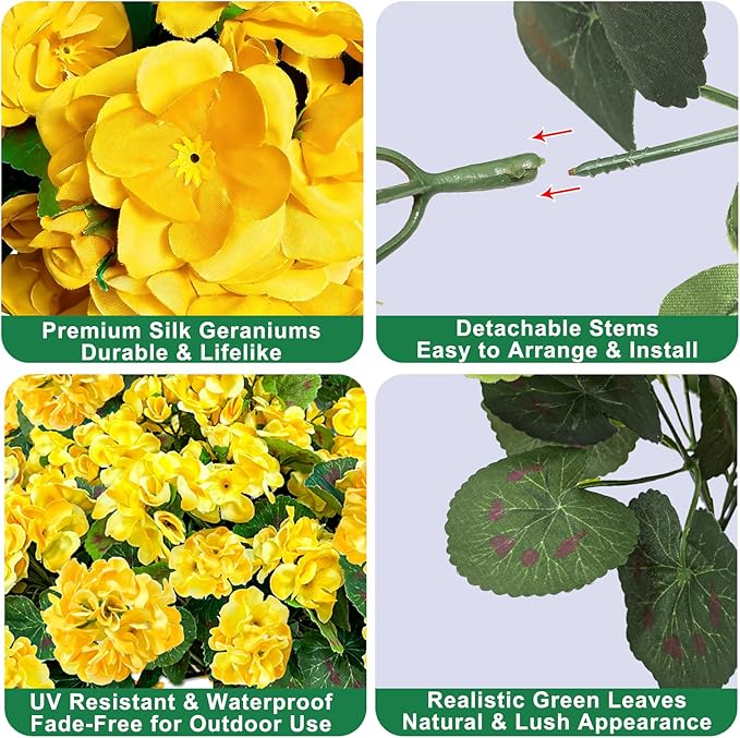 TURNMEON Artificial Geraniums Flowers for Outdoors Summer Decoration, 4 Bundles Fake Flowers Silk Yellow Flowers UV Resistant No Fade Faux Plants for Planter Gardens Table Porch Indoor Cemetery Decor