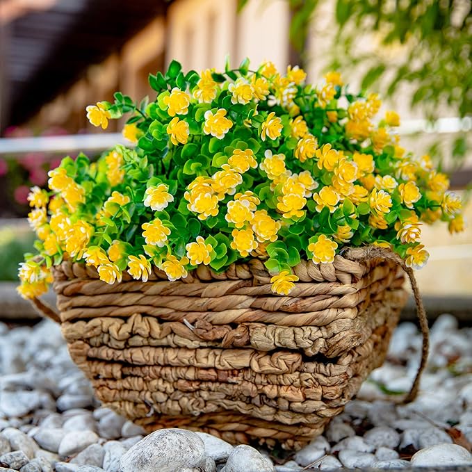 Artificial Flowers Outdoor Fake Plants - 12 Bundles UV Resistant No Fade Faux Plastic Greenery Boxwood Shrubs Home Garden Porch Patio Decoration (Yellow)