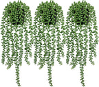LOYWREE 3Pcs Fake Plants Indoor Artificial String of Pearls Plant in Black Pots, Realistic Green Faux Succulent Hanging Plants for Shelf Decor Desk Home Garden Decorations