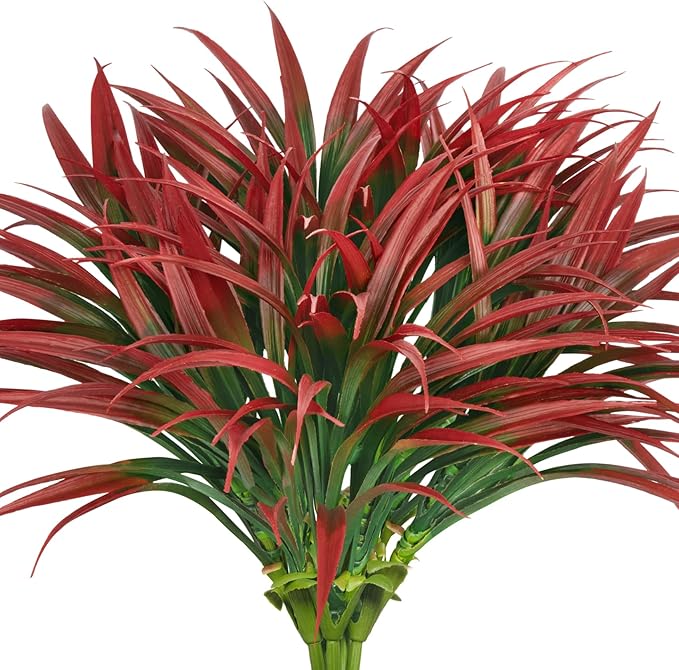 Ouddy Decor 20 Pcs Fake Outdoor Plants Artificial Grass Greenery Stems Faux Plastic Plants UV Resistant for Spring Summer Indoor Outside Garden Hanging Planter Porch Patio Window Box Home Decor, Red ﻿