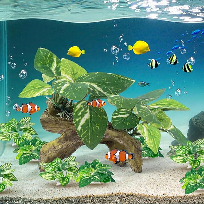 CousDUoBe 9 Pcs Fish Tank Decor，Silk Aquarium Plants Green Silk Leaf pad Hammock Artifical Driftwood cave Betta Fish Tank Accessories 6 x 3 x 4 inches(LxWxH)