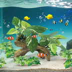 CousDUoBe 9 Pcs Fish Tank Decor，Silk Aquarium Plants Green Silk Leaf pad Hammock Artifical Driftwood cave Betta Fish Tank Accessories 6 x 3 x 4 inches(LxWxH)