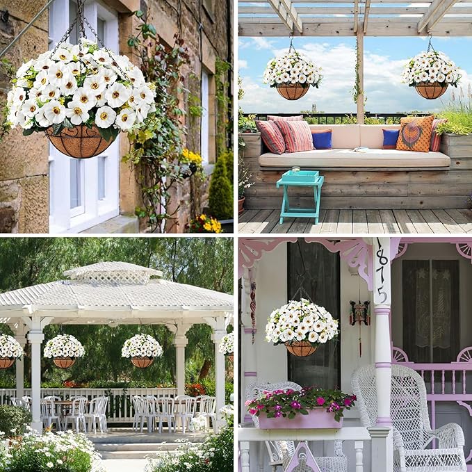 Ouddy Decor Artificial Hanging Flowers with Basket, Fake Silk Hanging Flowers in Coconut Lining Basket Faux Hanging Plants for Outdoor Indoor Spring Garden Porch Patio Balcony Home Decor, White