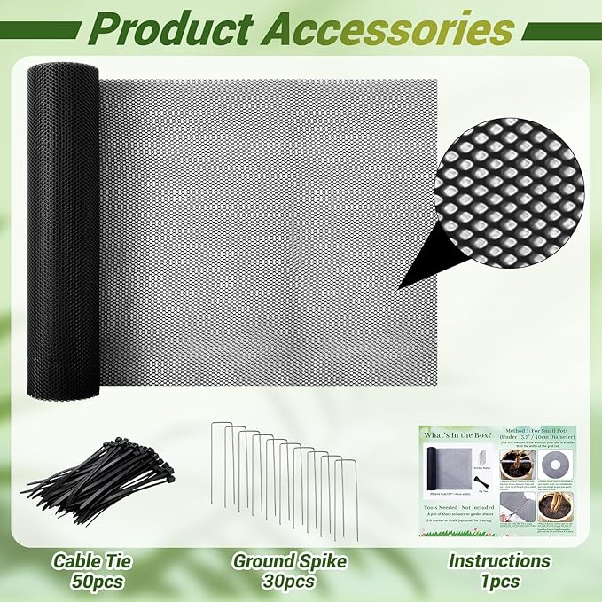 Cuttable Plant Pot Grid Set, 15.7" W x 236" L Indoor Plant Protector from Cats, Pot Soil Cover Protector from Animals with Stakes & Zip Ties for Garden Balcony, Fits Different Pot Sizes(Black)