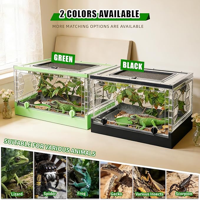 Foldable Reptile Terrarium with Sliding Door Portable Spider Enclosure, Lizard Cage, Plastic Habitat for Tarantula, Tree Frog, Leopard Gecko, Snake, Hermit Crab Ventilated Terrarium Starter Kit Black