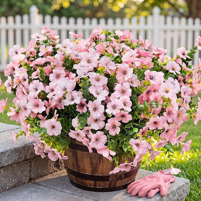 Artificial Flowers for Outdoor Fake Plants for Spring Decoration,Faux Eucalyptus Flowers for Planter UV Resistant Lifelike for Home Porch Garden (White/Pink)
