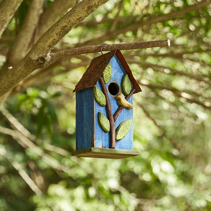 Glitzhome Bird Houses for Outside, 9.7" H Hanging Bird House for Outdoor, Patio Garden Decorative Pet Cottage Distressed Wooden Birdhouse for Bluebird Hummingbird Wren Finch Cardinals, Blue Leaves