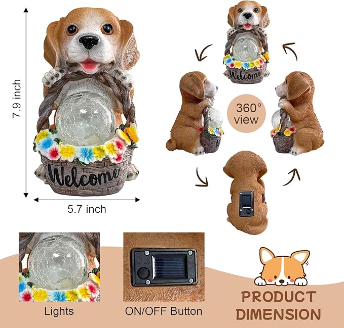 Solar Dog Garden Statues Decor with Flower Waterproof Figurine Resin Sculpture Gift for Mom Grandma, Outdoor Decorations for Porch Patio Lawn Yard Home House Gardening Birthday Housewarming (Dog)