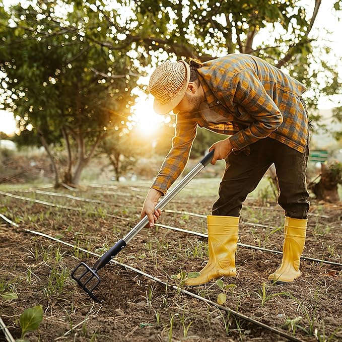 BARAYSTUS Long Hand Cultivator, Carbon Steel & Stainless Steel Tiller Cultivator, Garden Cultivator with Telescopic Handle and Soft Handle Cover, Hand Tiller for Digging Loosening Weeding