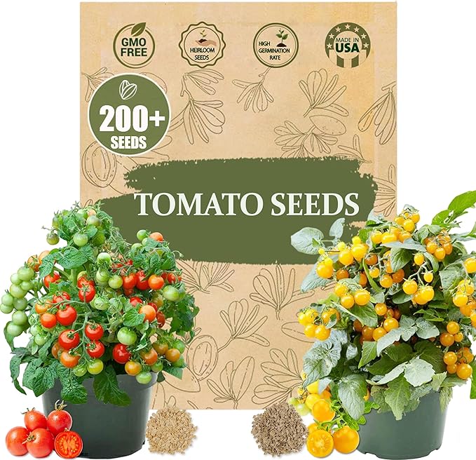 Dwarf Duo Tiny Tim Tomato Seeds - 100+ Red & 100+ Yellow Dwarf Tomato Variety, Cherry Tomato Seeds for Containers, Balcony, Patio, Pots, Indoor Outdoor Gardening, Heirloom, Non-GMO, Easy to Grow