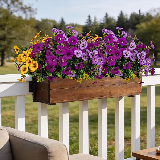 17 Inch Artificial Faux Pansy Flowers for Outdoor,Fake Pansies Flowers with Eucalyptus Leaves Fake Plants Greenery Boxwood Porch Patio Decor 6 Bundles(Pink Purple,Dark Yellow,Magenta)