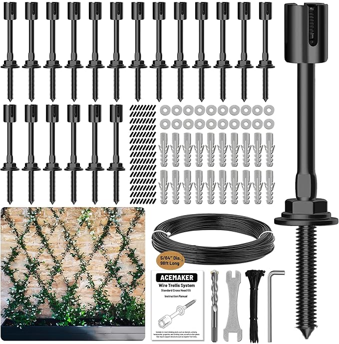 20-Set Black 5/64" (2mm) Wire Trellis for Climbing Plants Outdoor with 98ft Vinyl Coated Cable, T316 Stainless Steel Wall Wire Trellis Kit