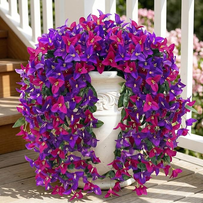 Artificial Flowers for Outdoors Fake Purple Fuchsia Bougainvillea Hanging Flower Decoration, 2Pcs Realistic Faux Silk Plants Long Trailing Vines, Spring Decor for Porch Patio Balcony Planter Yard
