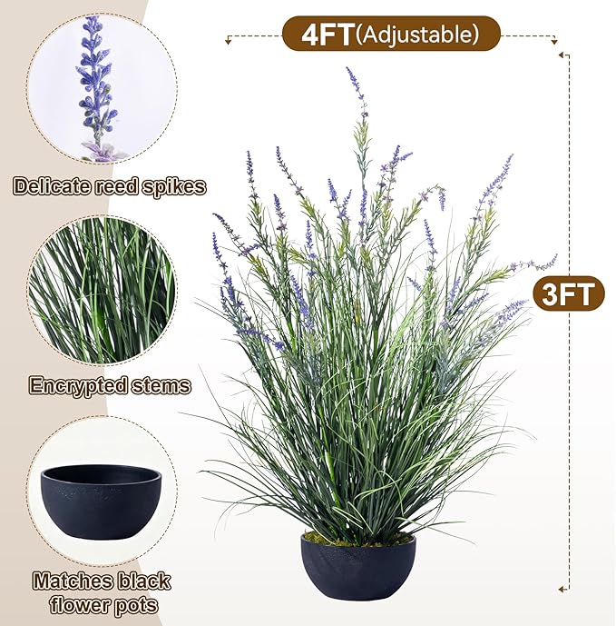 2 Pack Lifelike Artificial Tall Grass Plant Indoor Outdoor Fake Lavender Faux Plastic plantas Synthetic Pampas Grass Artificial Cattail Reed Grass for Home Office Patio Decor Housewarming Gift